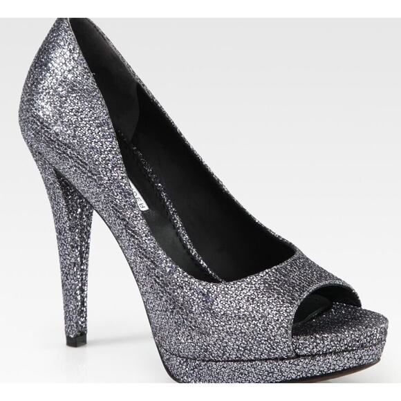 Vera Wang Lavender Selima Silver Glitter Peep Toe Heel Platform Pumps Size 7.5 - Picture 1 of 10